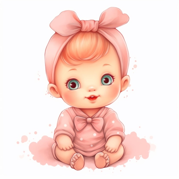 cartoon baby girl sitting on the ground with a pink bow generative ai