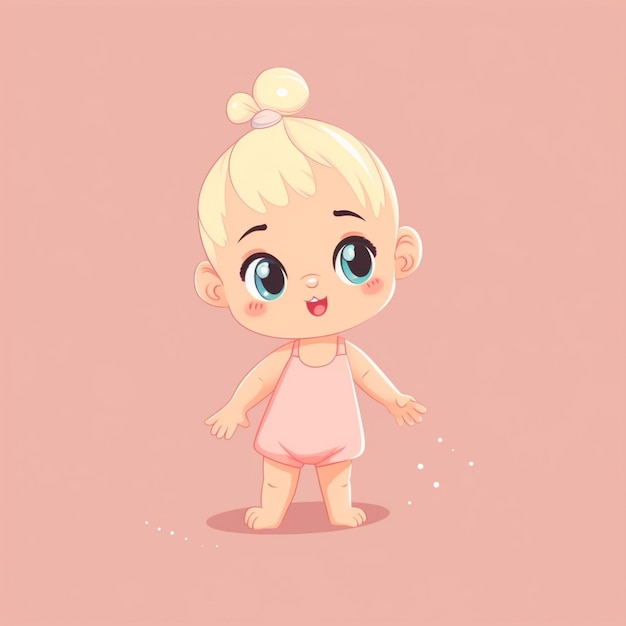 Photo cartoon baby girl with blonde hair and blue eyes in pink dress generative ai