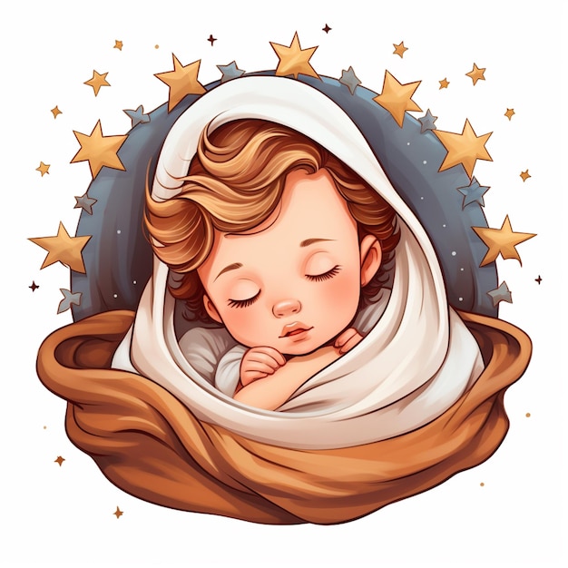 Photo cartoon baby jesus sleeping in a blanket with stars around it generative ai