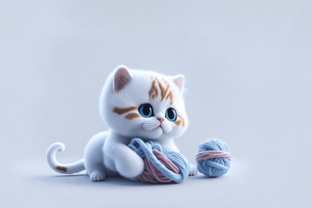 Cartoon baby kat spelen met een streng wol Generatieve AI