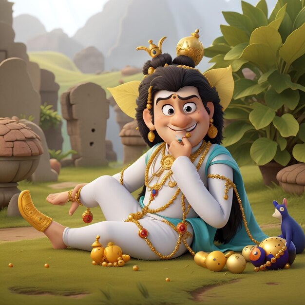 A cartoon of a baby Krishna sitting on a gold bowl