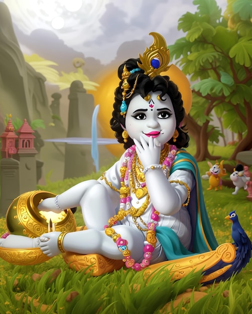 A cartoon of a baby Krishna sitting on a gold bowl