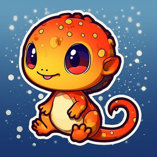 A cartoon of a baby orange lizard with a red eye and a black eye.