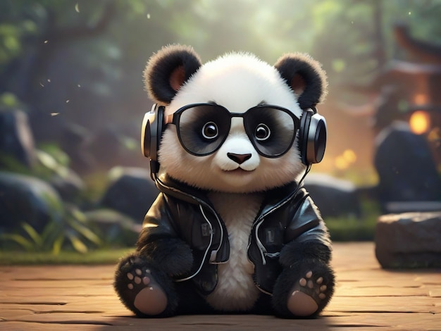 a cartoon baby panda wearing a black leather jacket