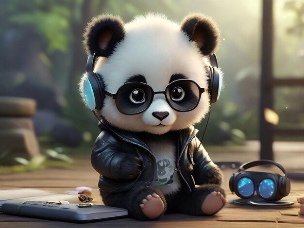 a cartoon baby panda wearing a black leather jacket