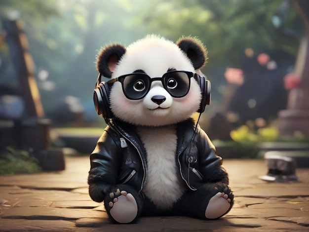 a cartoon baby panda wearing a black leather jacket