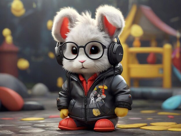 a cartoon baby rabbit wearing a leather jacket