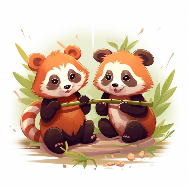 Cartoon Baby Red Pandas Holding Bamboo White Background