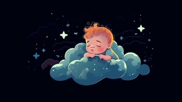 A cartoon of a baby sleeping on a cloud with stars on the background.