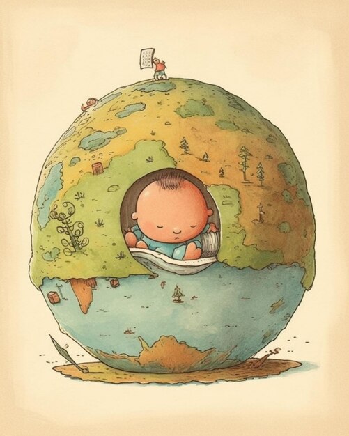 A cartoon of a baby sleeping inside a globe.