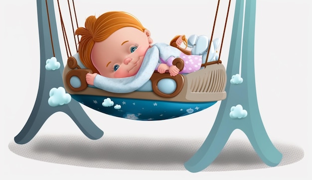 A cartoon of a baby sleeping on a swing with a blue cover that says " the word " on it "