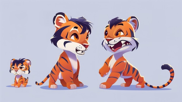 Photo cartoon baby tiger cute animal cub character set