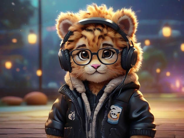 a cartoon baby tiger wearing a black leather jacket