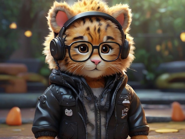 a cartoon baby tiger wearing a black leather jacket