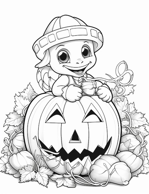 a cartoon baby in a witch hat sitting on a pumpkin generative ai