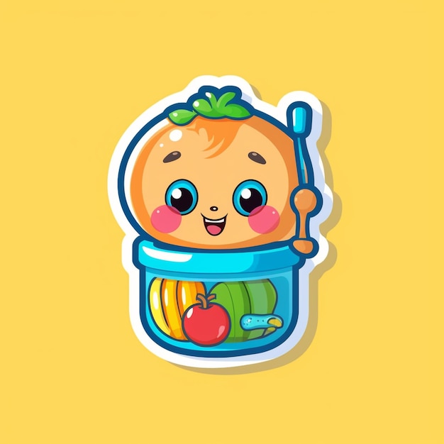 Cartoon baby with spoon and fork in a jar of fruit generative ai
