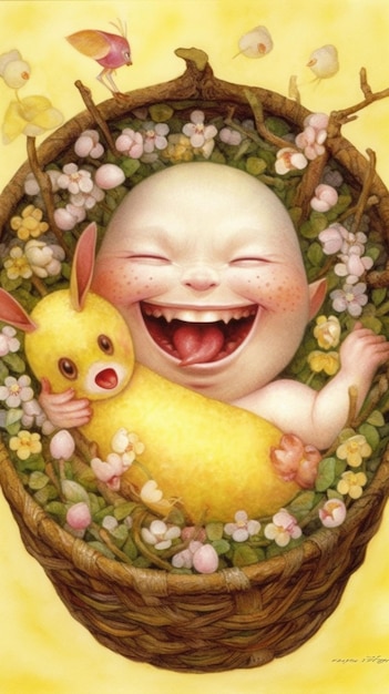 A cartoon of a baby and a yellow bunny