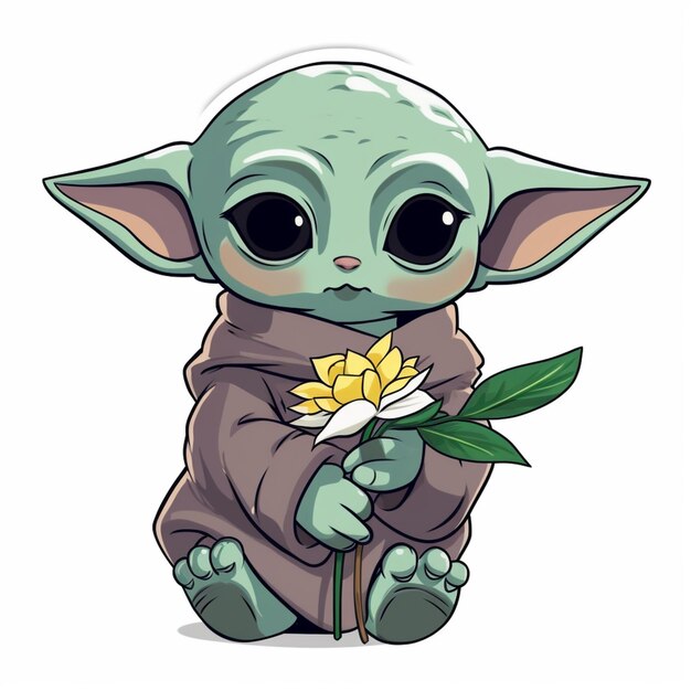 Premium AI Image | cartoon baby yodah holding a flower with a leaf in ...