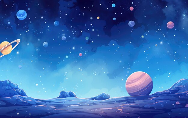 Photo cartoon background backdrop of an alien planet landscape with moons and night sky