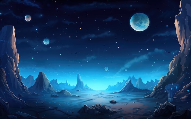 カートゥーンの背景は外星人の惑星の風景月と夜空の風景です