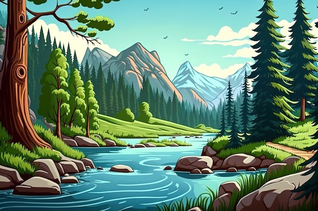 Photo a cartoon background of mountains rivers and trees generated by ai