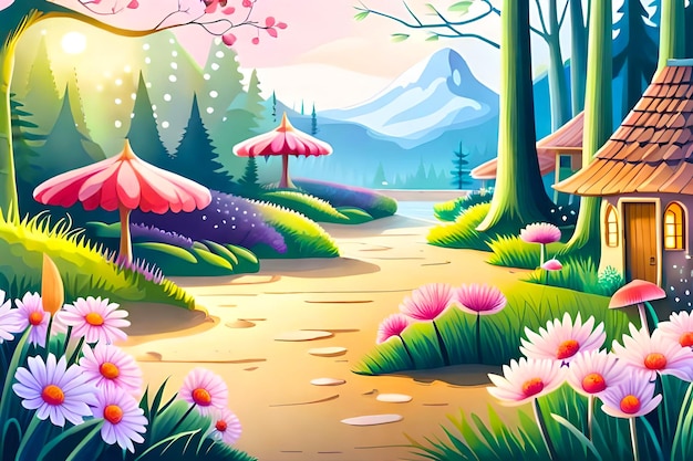 cartoon background with pastel watercolor hues depicting a magical fairy garden