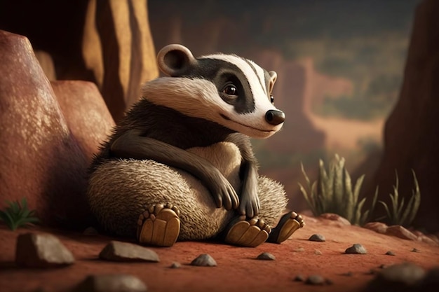 A cartoon badger sits on a red rock in the desert.