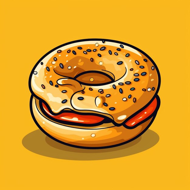 A cartoon bagel with a sandwich on it on a yellow background generative ai