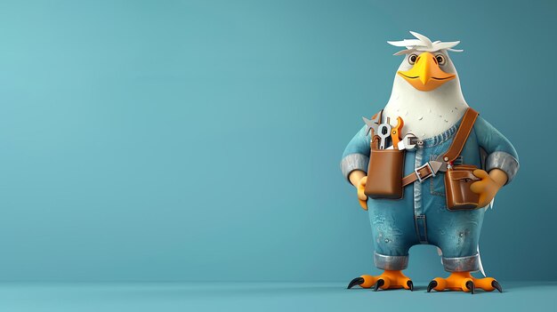 Photo a cartoon bald eagle wearing a tool belt and holding a wrench the background is blue