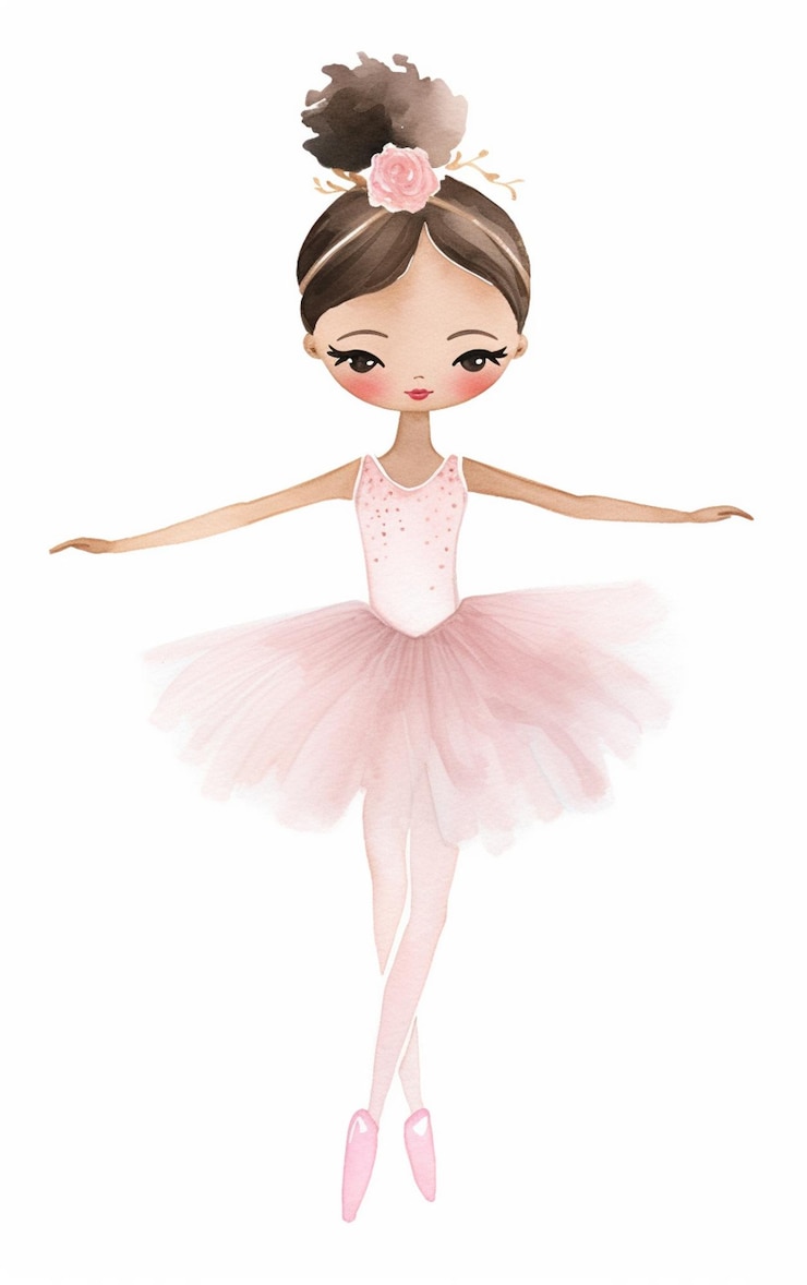 Foto cartoon ballerina meisje in roze tutu en hoofdband met uitgestrekte armen generatieve ai