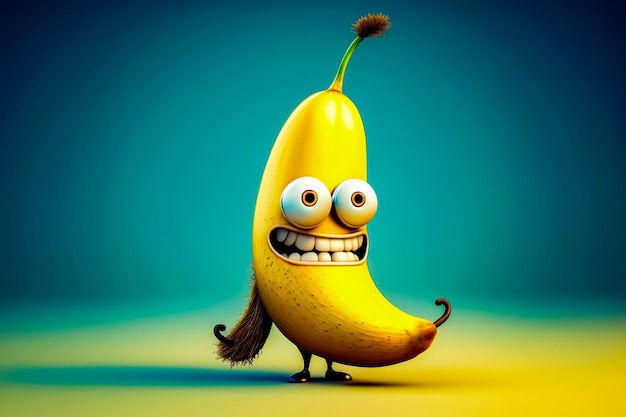 Photo cartoon banana with funny face and mustache on it's head generative ai