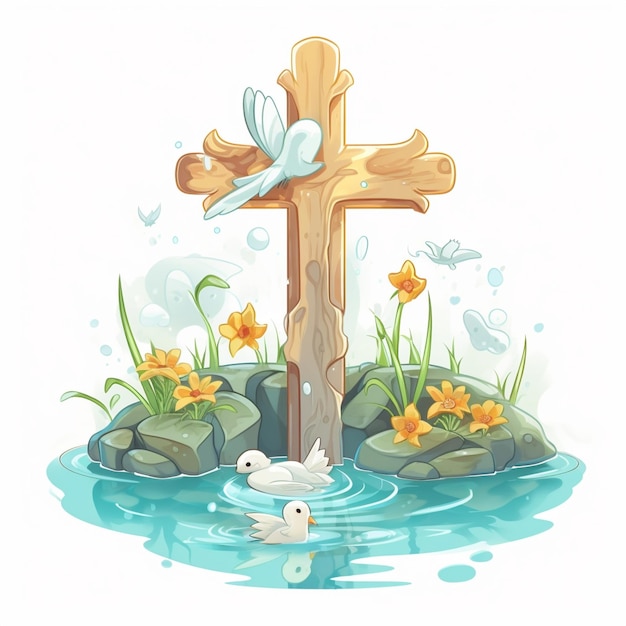 Cartoon baptismal cross with symbolism and design