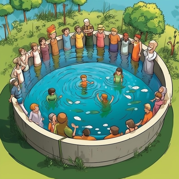 Cartoon baptismal pool with size design and symbolic significance in Christian baptism