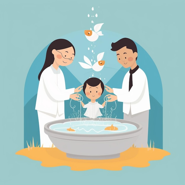 Photo cartoon baptismal service with candidates officiants and baptismal symbols