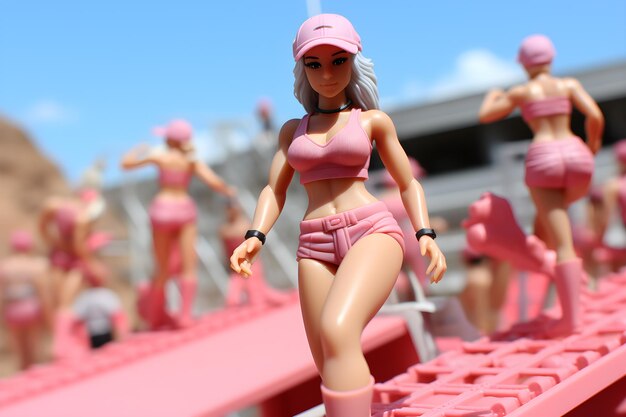 cartoon barbie doing sports exercises on football field Generative AI