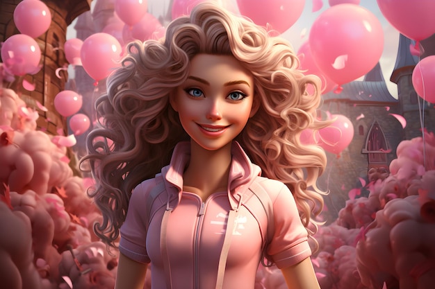 Photo cartoon barbie doing sports exercises on football field generative ai