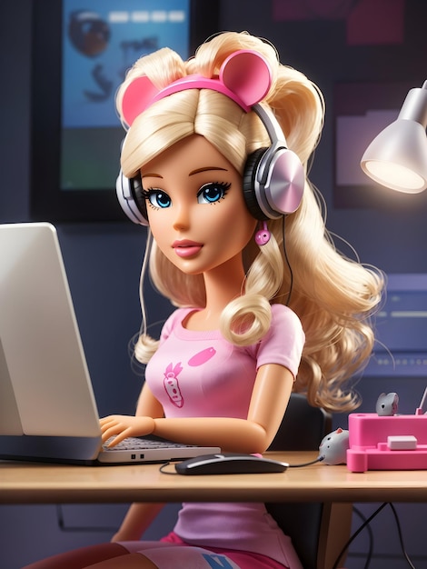 A cartoon of a barbie sitting at a computer with a mouse on her head