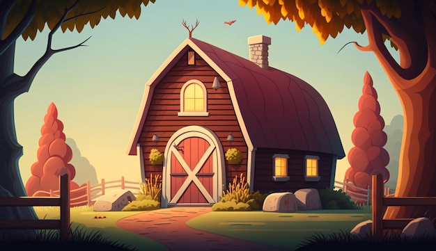 A cartoon barn with a red roof and a fence in the background.