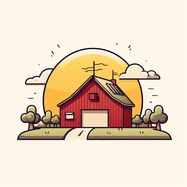 a cartoon barn with a road going to it and a sun in the background generative ai