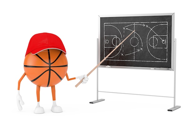 Personaggio dei cartoni animati di palla da basket con puntatore vicino alla lavagna con schema di strategia e tattica di gioco