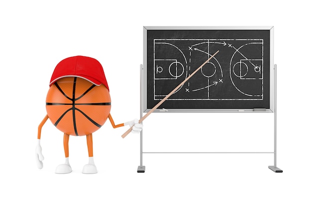 Personaggio dei cartoni animati di palla da basket con puntatore vicinoschema di strategia e tattica di gioco di lavagna