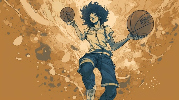 A cartoon of a basketball player with a curly hair and a shirt that says'basketball'on it