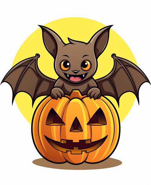 Photo cartoon bat sitting on a pumpkin with a smile on its face generative ai