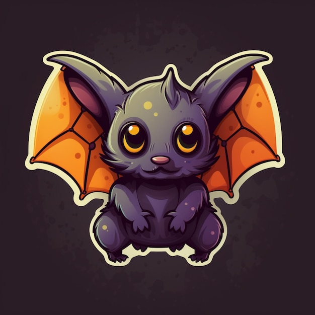 Cartoon bat with yellow eyes and orange wings sitting on a black surface generative ai