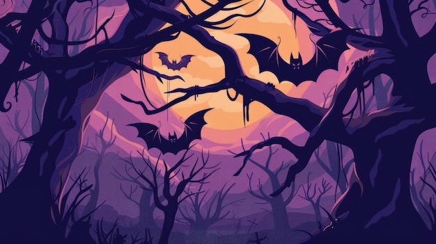 Cartoon Bats Hanging from Creepy Tree