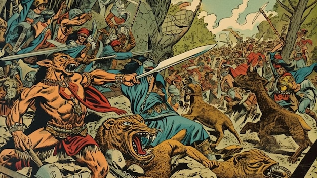 A cartoon of a battle scene with a man in a blue robe and a sword fighting a large group of people.