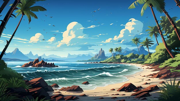 cartoon beach background with some coconut trees