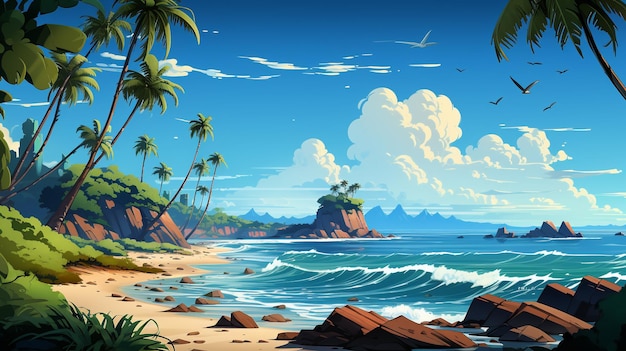 cartoon beach background with some coconut trees