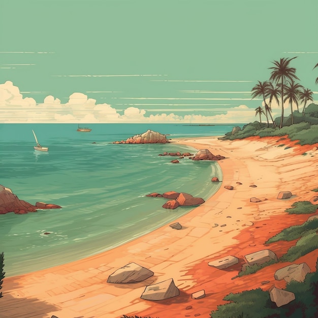 Foto un cartone animato di una scena sulla spiaggia con spiaggia e palme.