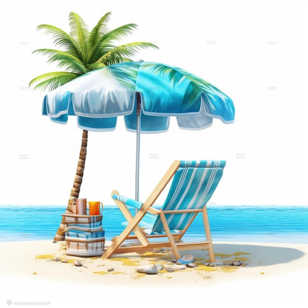 a cartoon beach scene with a chair and umbrella on the beach generative ai